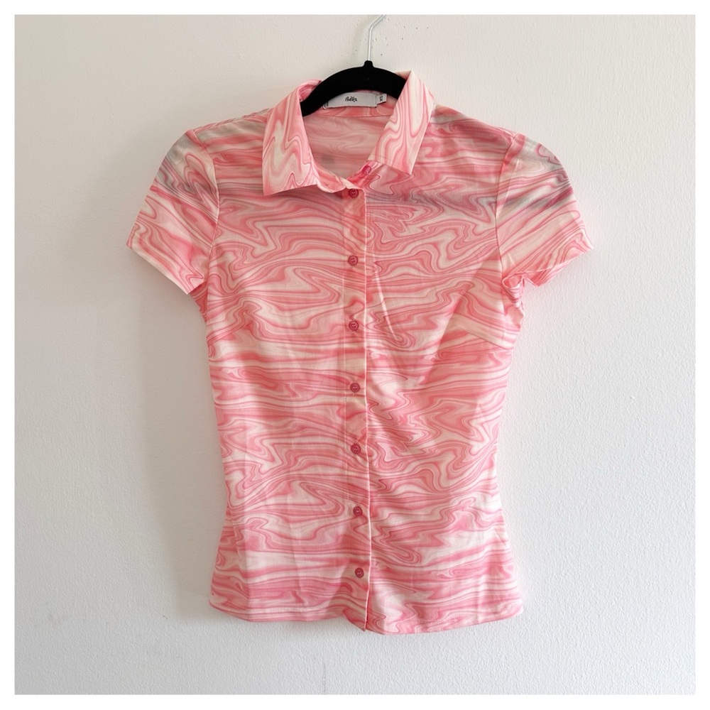 NWT Adika bright pink/white mesh top short-sleeve, button-up‎ marbled pattern XS